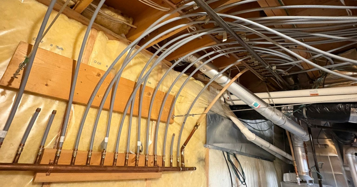 Interlocking network of gray pipes, elbows, and fittings against a light gray background.