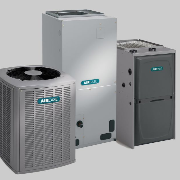 Three AirEase HVAC units, including an outdoor condenser, a tall air handler, and a furnace, on a gray background.