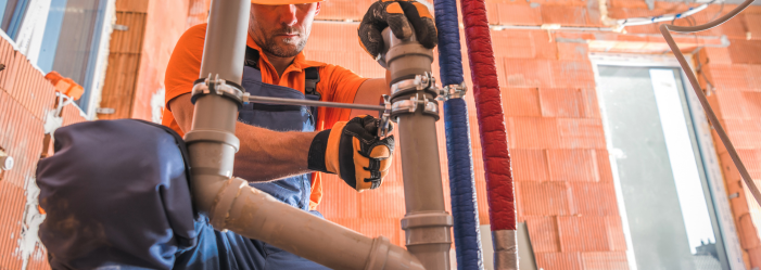 A plumber is working on a pipe in a building.