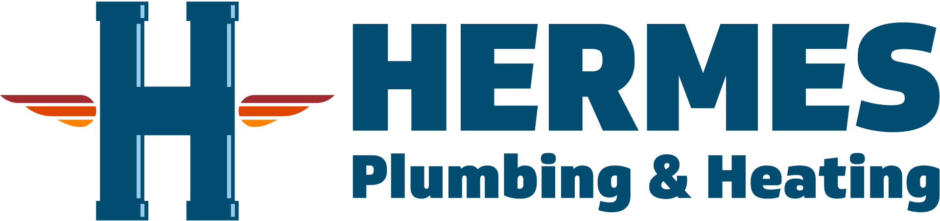 The Hermes Plumbing & Heating logo features a blue stylized letter 'H' with wings next to the brand name in bold blue text.