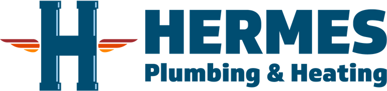 The Hermes Plumbing & Heating logo features a blue stylized letter 'H' with wings next to the brand name in bold blue text.