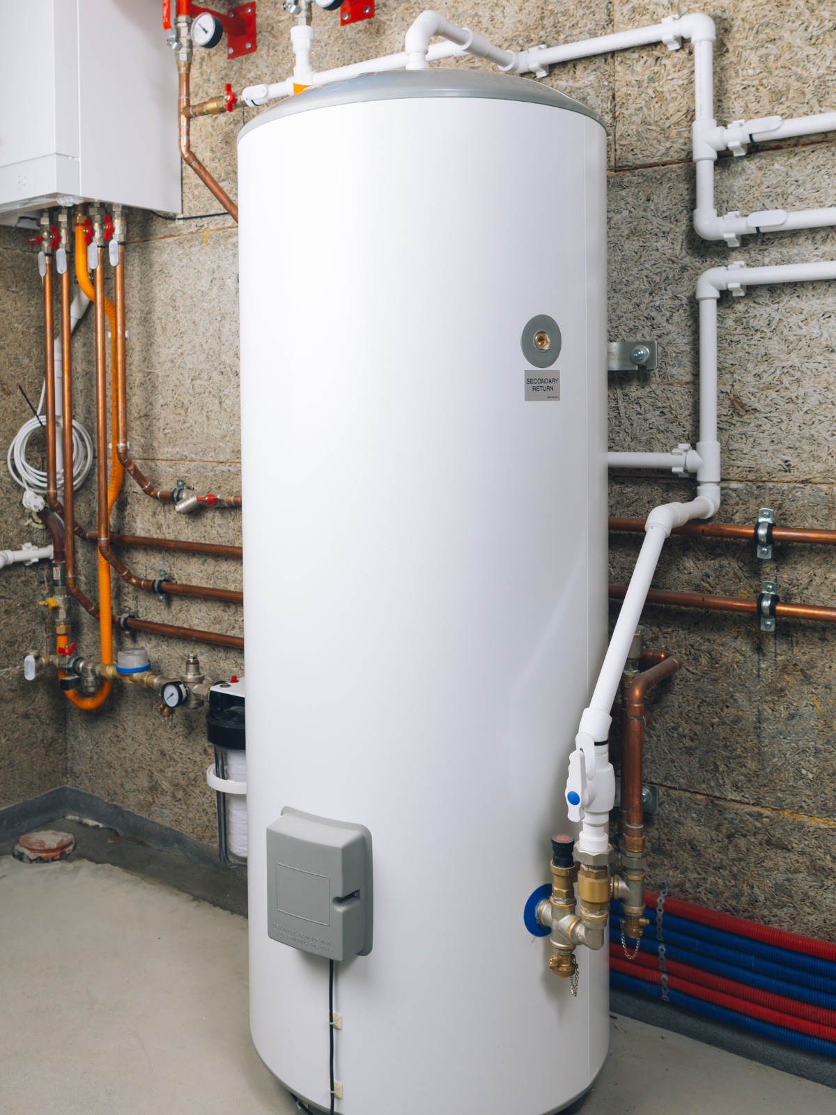 A silver water heater is hanging on a wooden wall.