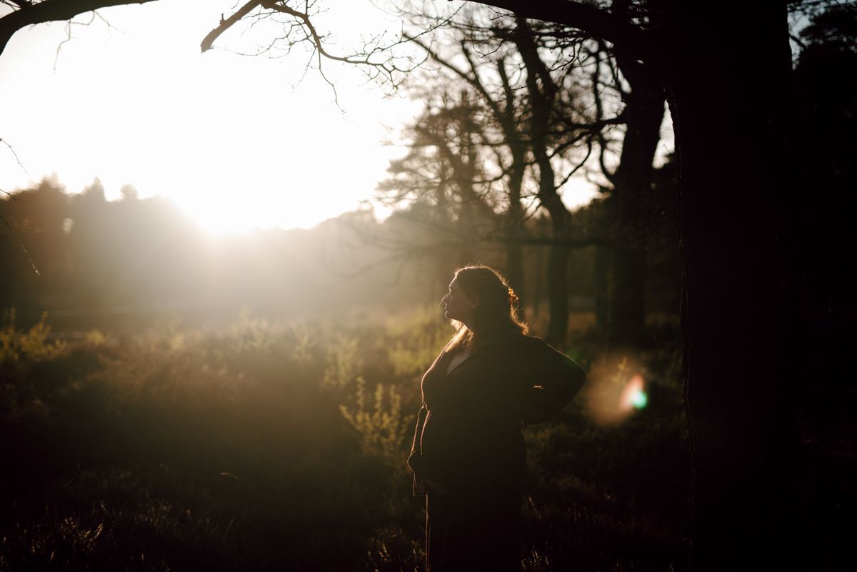 Fotoshoot met het gouden uur. Een prachtige zwangere vrouw op de foto met zonsondergang