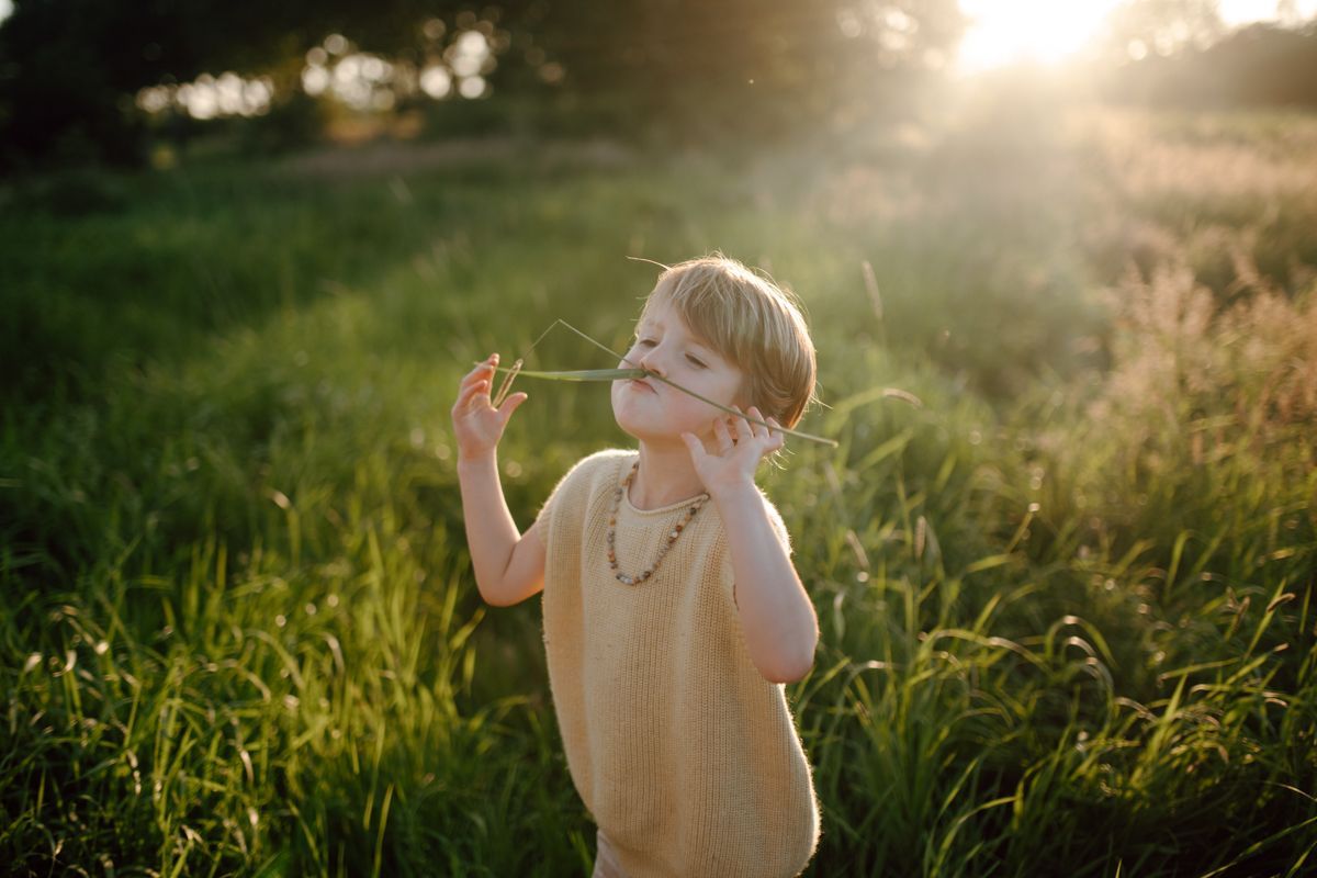 Een kind in een gebreid vestje staat in een zonovergoten grasveld en houdt een grassprietje tegen zijn neus.