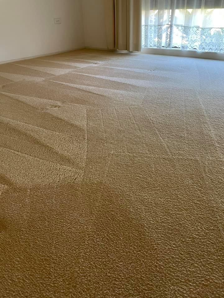 Freshly vacuumed tan carpet with visible patterned track marks in a room near a window with sheer curtains.