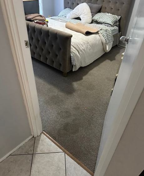 A view through a doorway into a bedroom with gray carpet, a tufted gray bed, and white bedding, tiled floor in foreground.