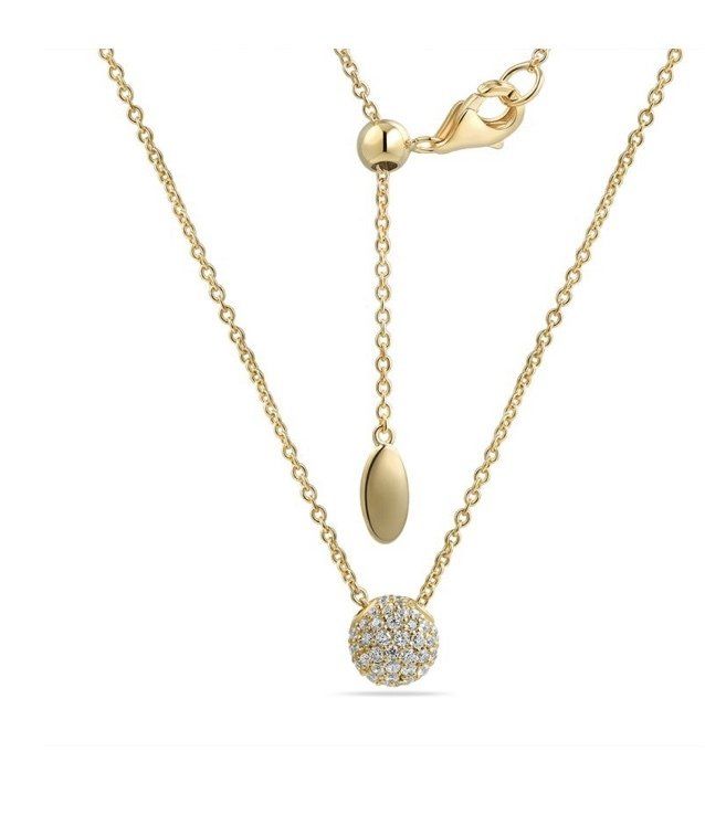 Gold necklace with a round diamond pendant, adjustable length.