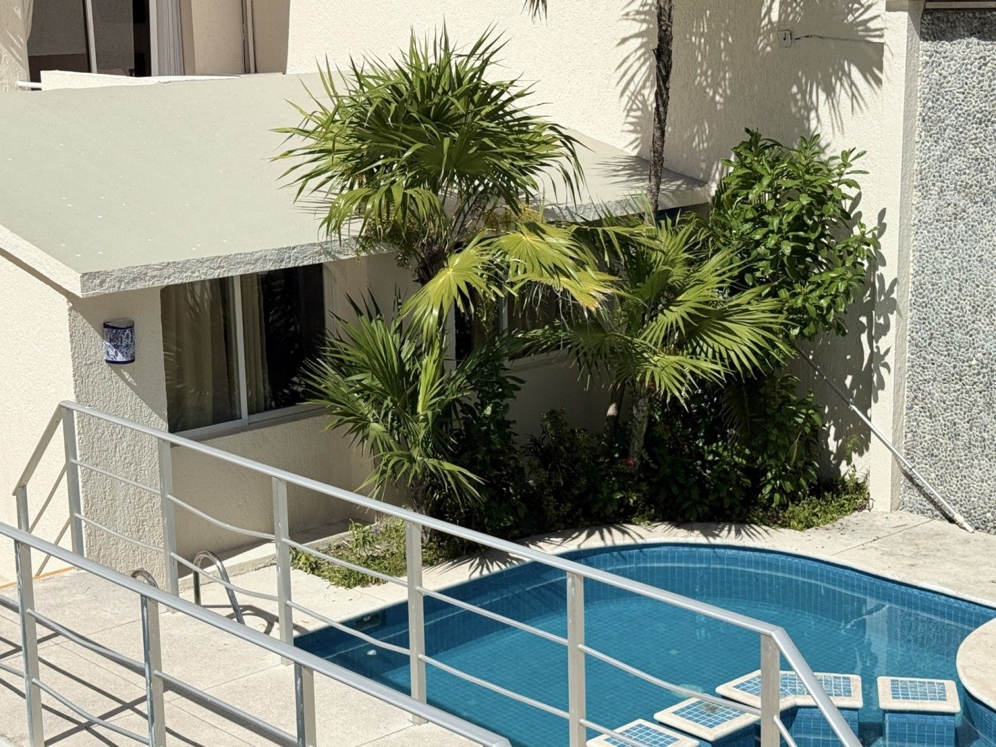 Una pequeña piscina y plantas tropicales se sitúan junto a un edificio con una ventana y una barandilla blanca.
