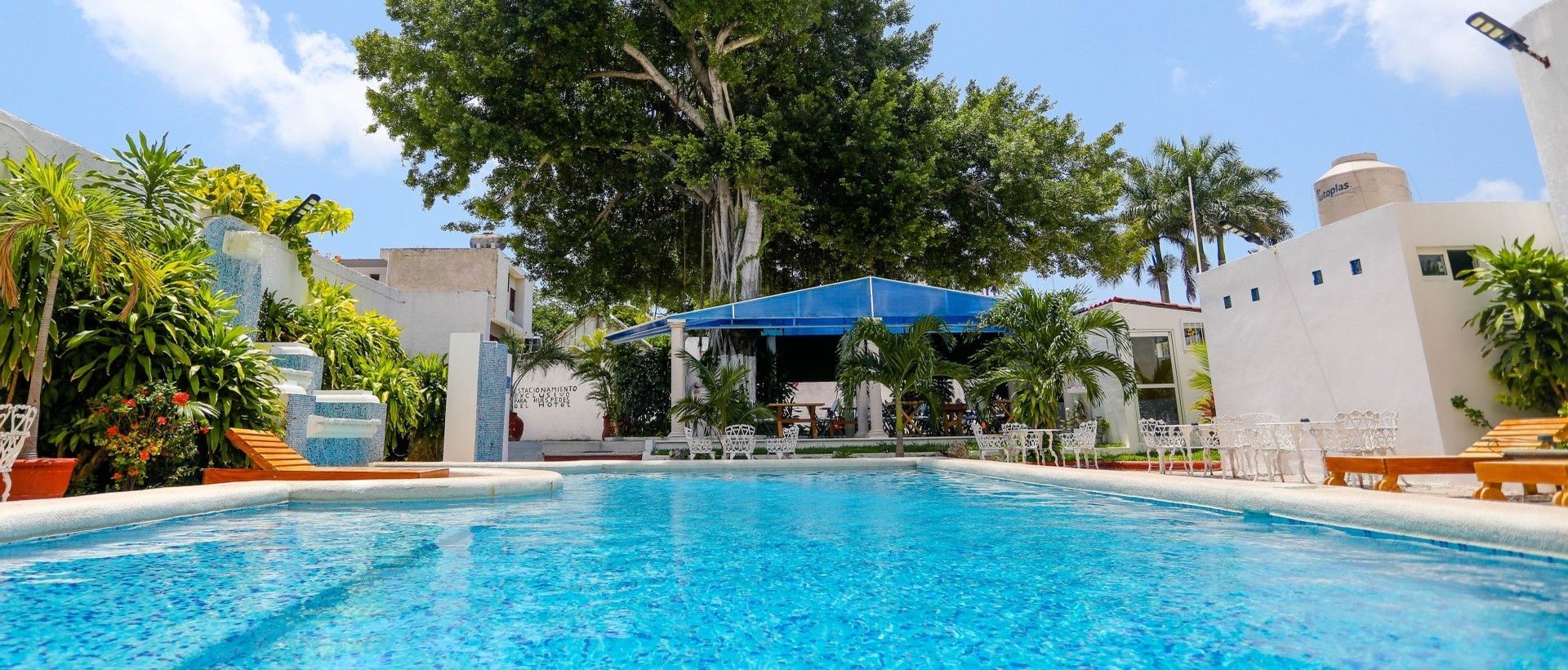 Una piscina frente a un edificio blanco y una estructura de techo azul con grandes árboles.