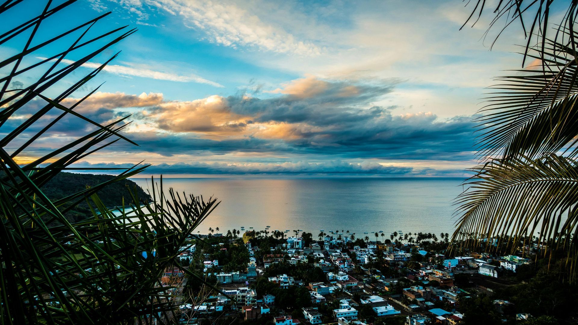 Con vistas a una ciudad costera y al mar bajo un cielo nublado, enmarcado por hojas de palmera.