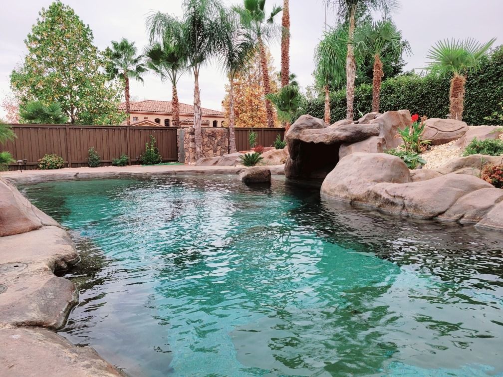 Pool with turquoise water, rock features, and palm trees. Brown fence and building visible in the background.