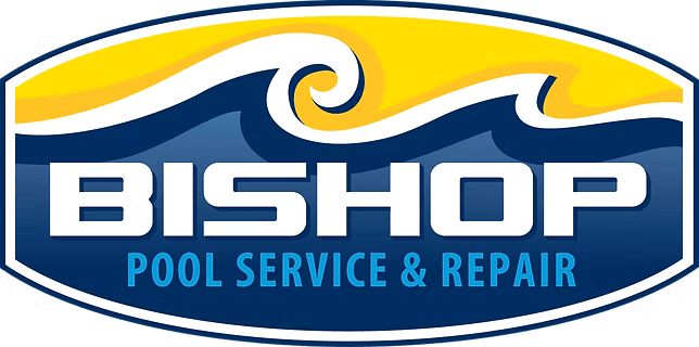 Logo for Bishop Pool Service & Repair with wave and yellow highlights on a blue background.