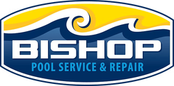 Logo for Bishop Pool Service & Repair with wave and yellow highlights on a blue background.