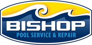 Logo for Bishop Pool Service & Repair with wave and yellow highlights on a blue background.