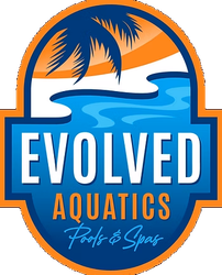 Logo for Evolved Aquatics: Blue, orange, and white; features palm trees, water, and text 