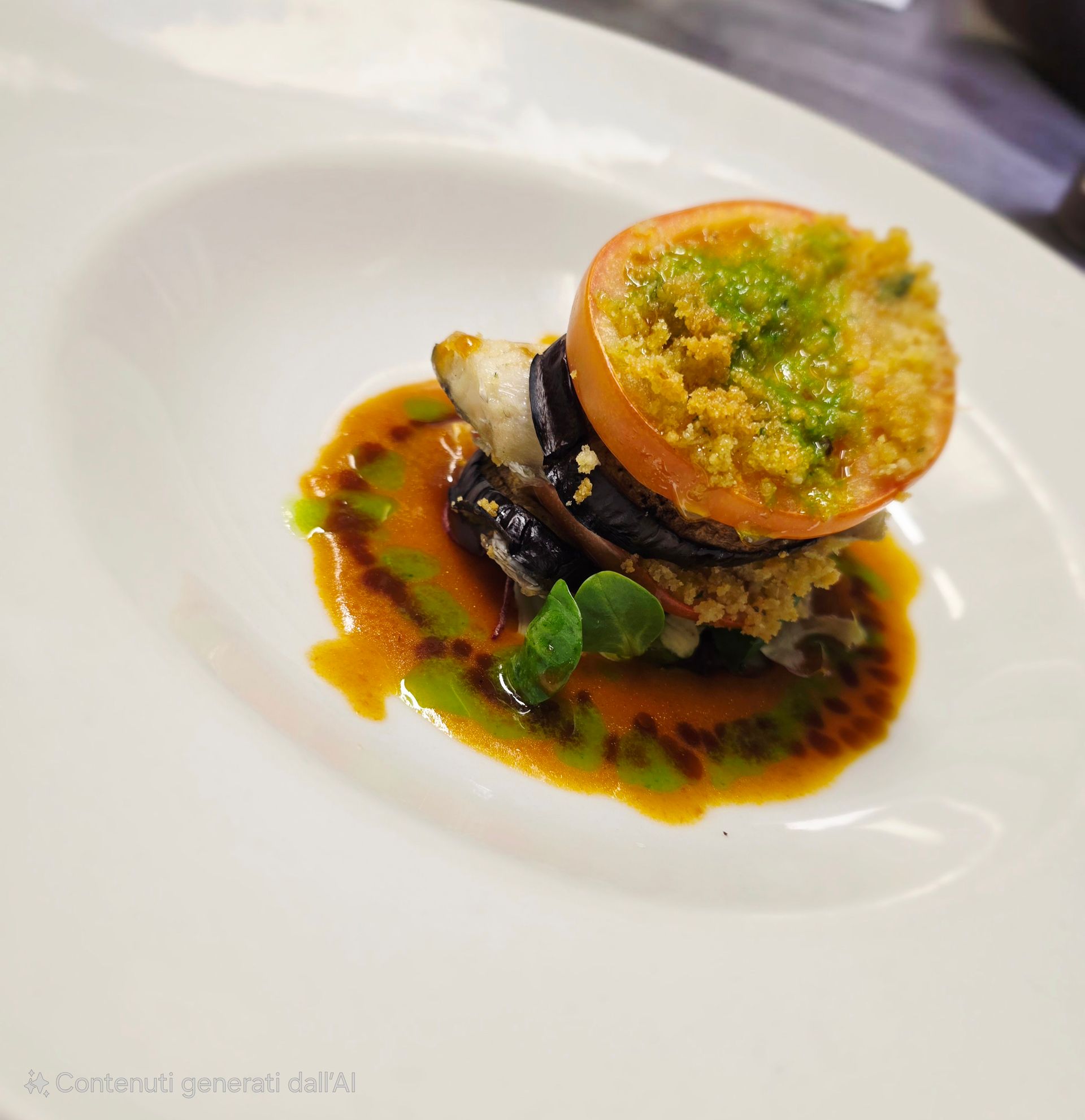 Una torre gourmet di melanzane arrostite, pesce e pomodoro, guarnita con erbe aromatiche e servita su un letto di salsa arancione e verde.
