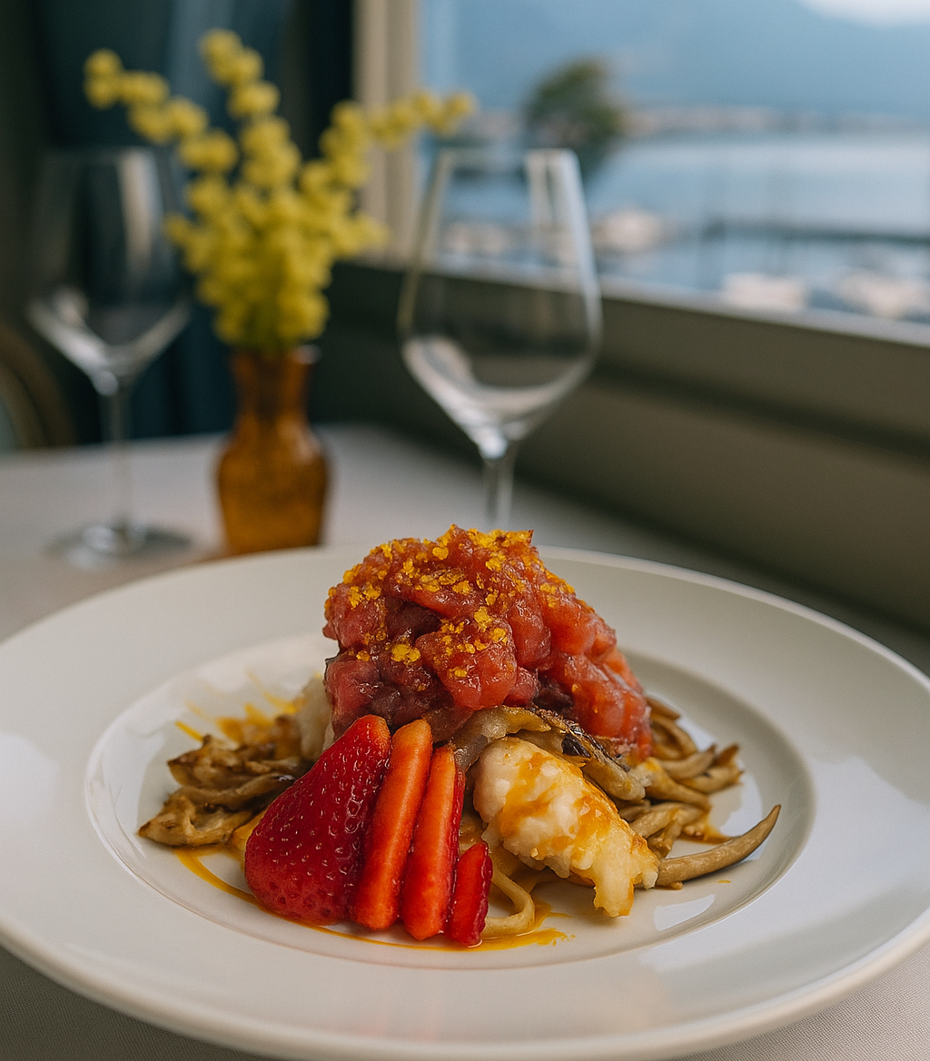 Un piatto di frutti di mare pregiati guarnito con fragole, servito vicino a una finestra che si affaccia su uno specchio d'acqua orlato di fiori gialli.