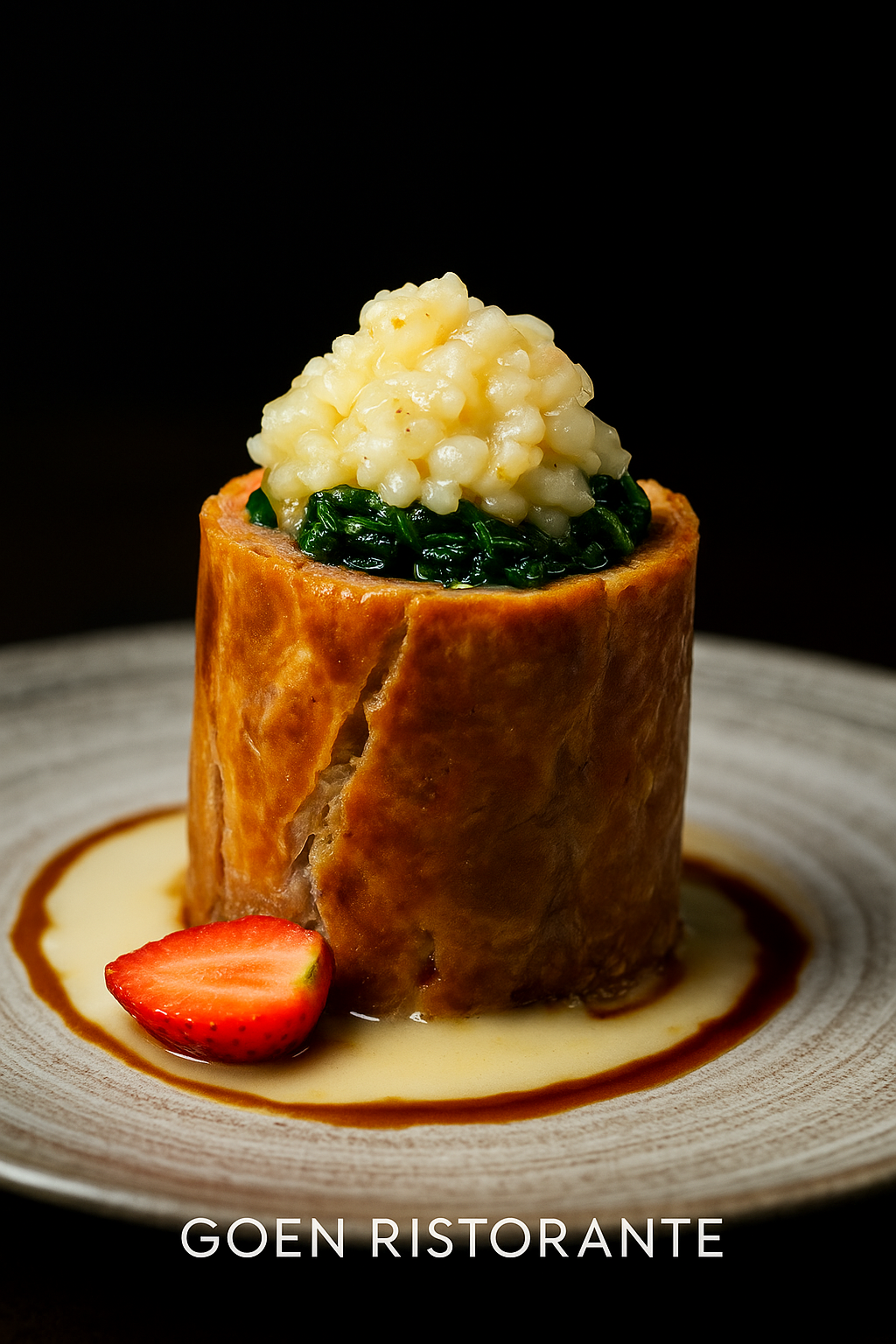 Una sfoglia cilindrica ripiena di verdure e cereali, servita in salsa con una fetta di fragola su un piatto dalla superficie ruvida.