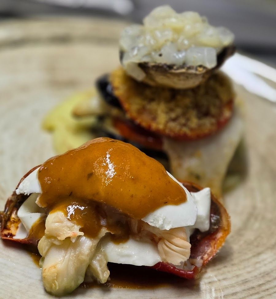 Due piatti gourmet a strati con pesce bianco, mozzarella e salsa bruna, serviti su un piatto leggero.