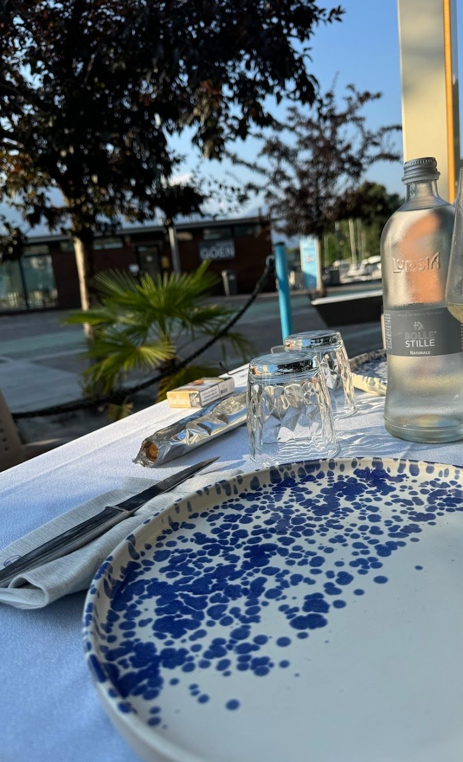 Una tavola apparecchiata all'aperto al tramonto, con un piatto a pois bianchi e blu, bicchieri e una bottiglia d'acqua.