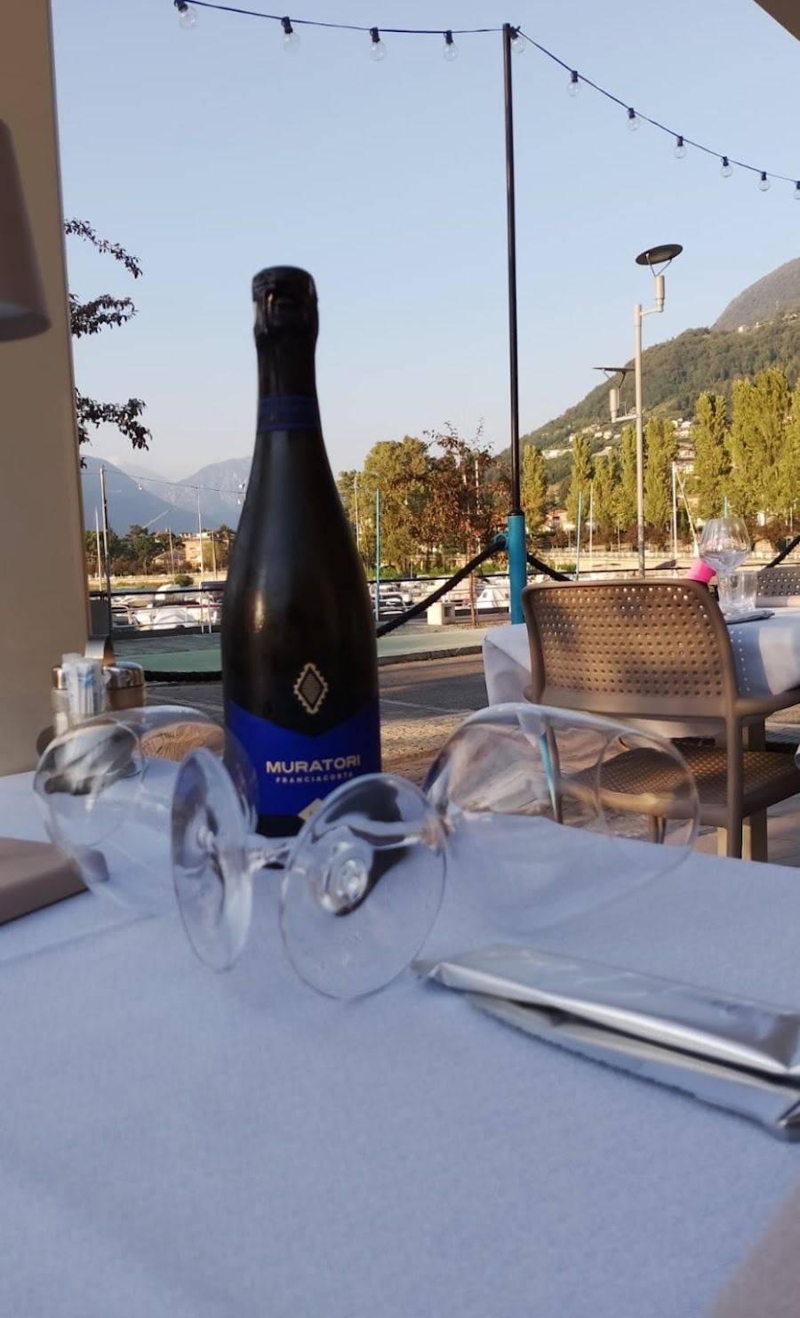 Una bottiglia di vino scuro e due bicchieri trasparenti sono appoggiati su un tavolo da pranzo all'aperto con vista su un soleggiato paesaggio costiero.