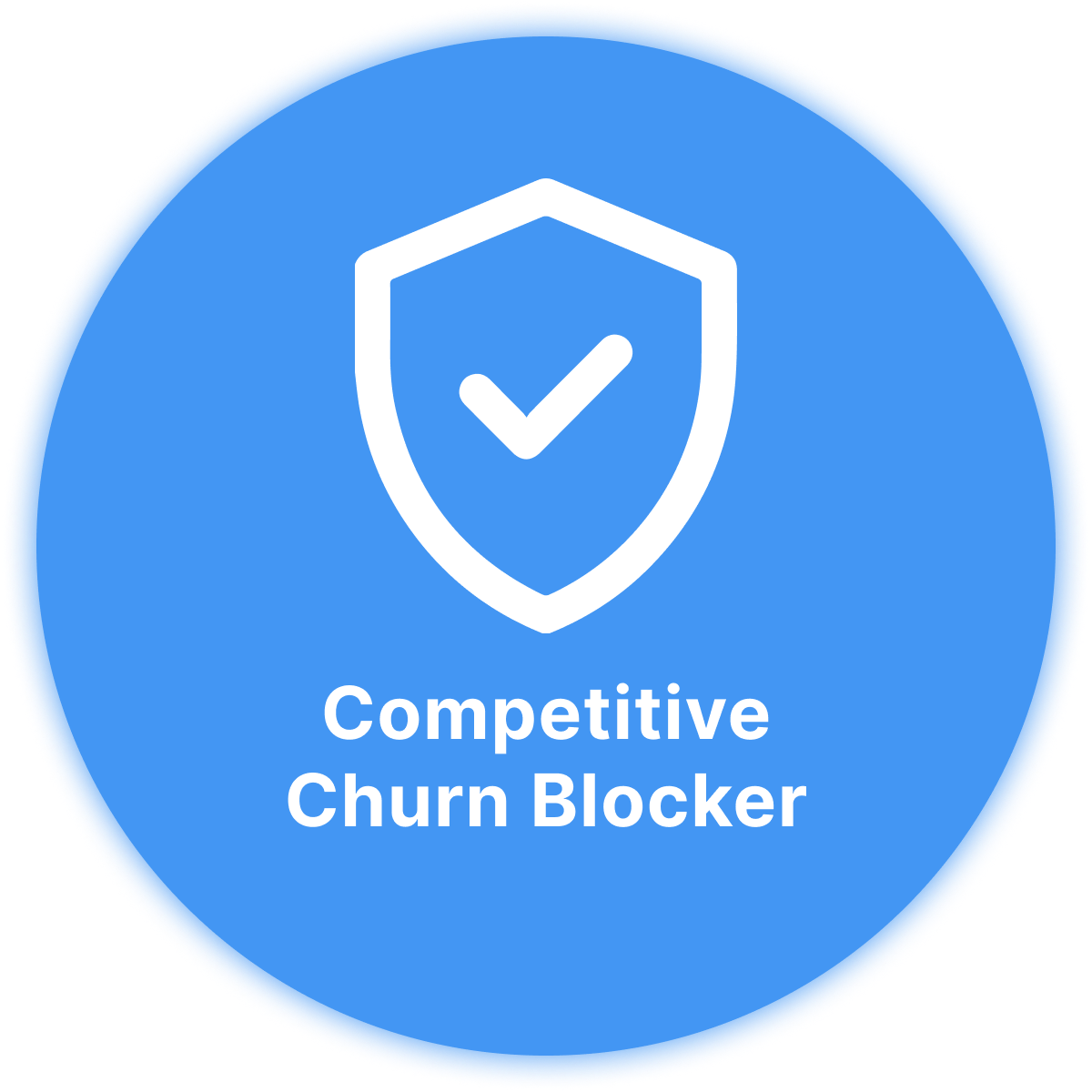 A blue shield with a check mark on it that says competitive churn blocker