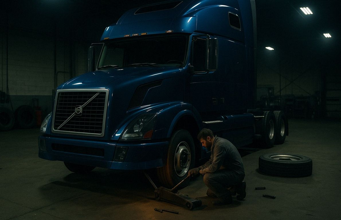 A truck mechanic doing truck tire repair.