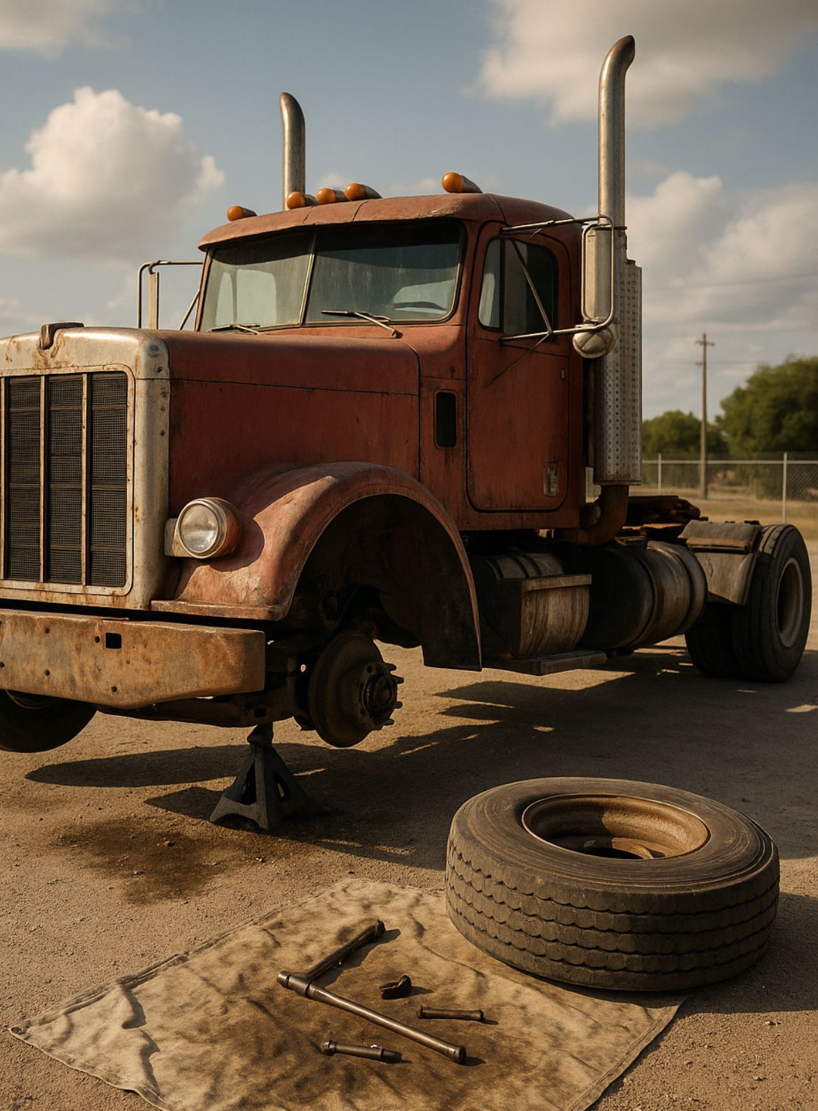 An old semi truck waiting for mobile tire service.