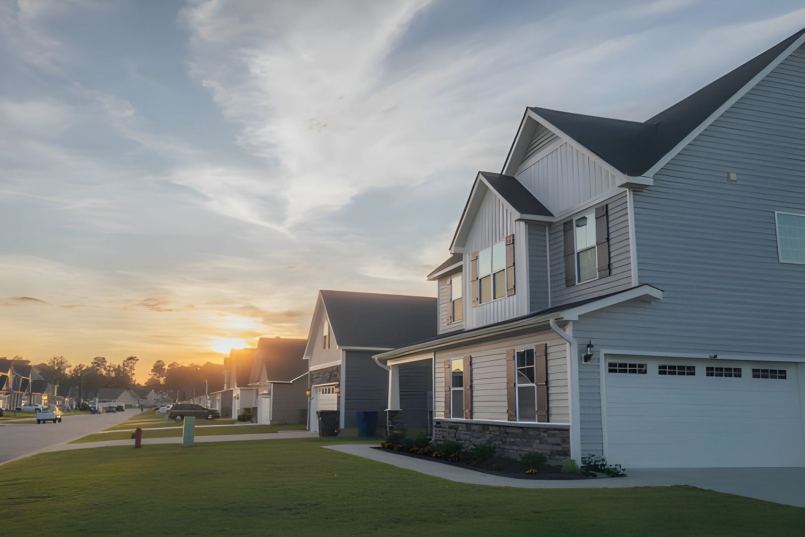 Row of houses with blue siding at sunset, green lawns and street.