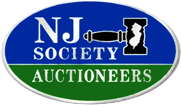 Logo for NJ Society of Auctioneers: blue oval with white text and green lower half; gavel icon with NJ silhouette.
