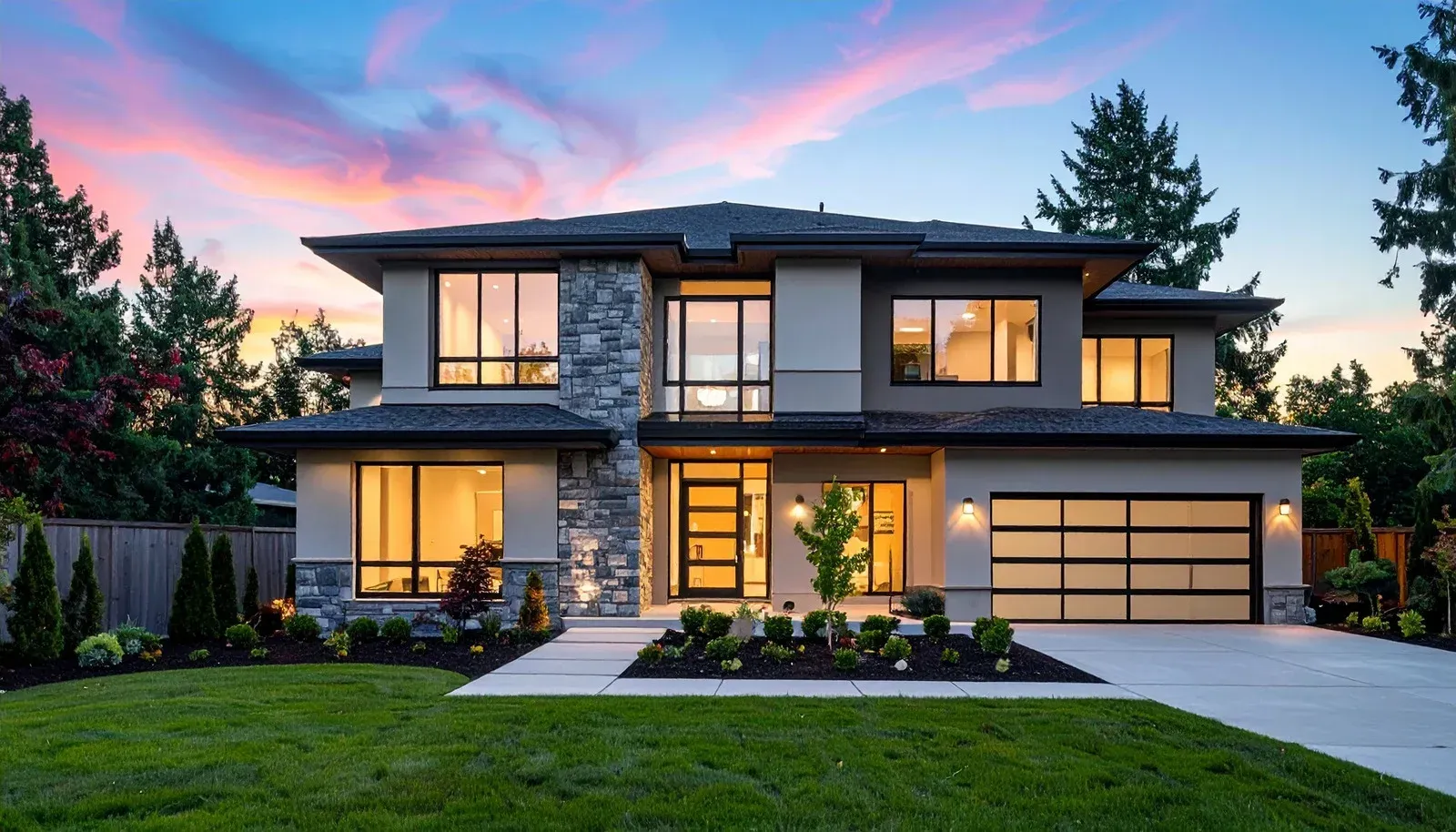 Modern home with stone facade, large windows, manicured lawn, and colorful sunset.