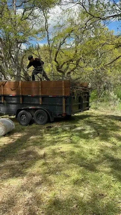 Person standing on a trailer, loading debris in a grassy outdoor setting.