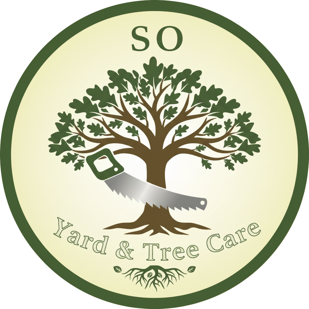 Logo of a tree with a saw through it, "SO Yard & Tree Care" in a green and gold circle.