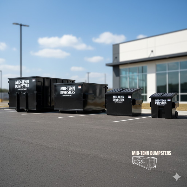 A clean, professional photo of different dumpster sizes lined up
