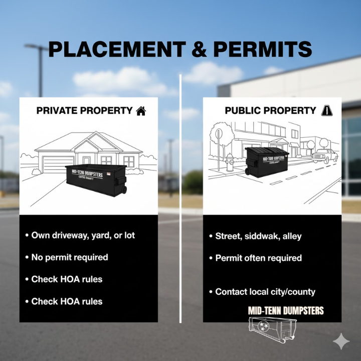 Illustrates private vs. public placement and permit requirements.
