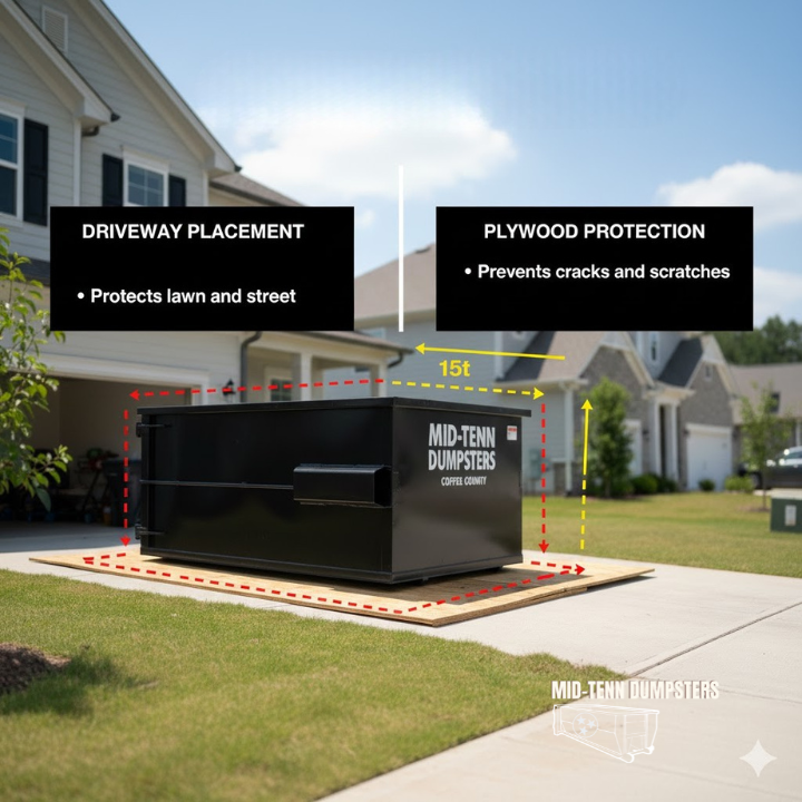 Show driveway placement, plywood protection, and clearance zones.
