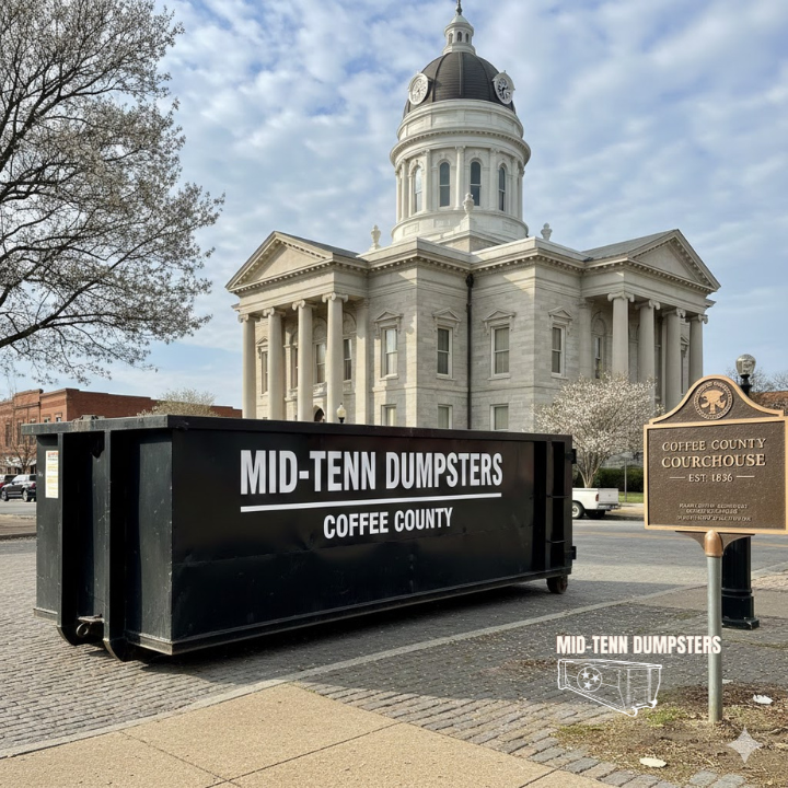 a recognizable street, neighborhood, or Coffee County landmark with a dumpster placed on-site