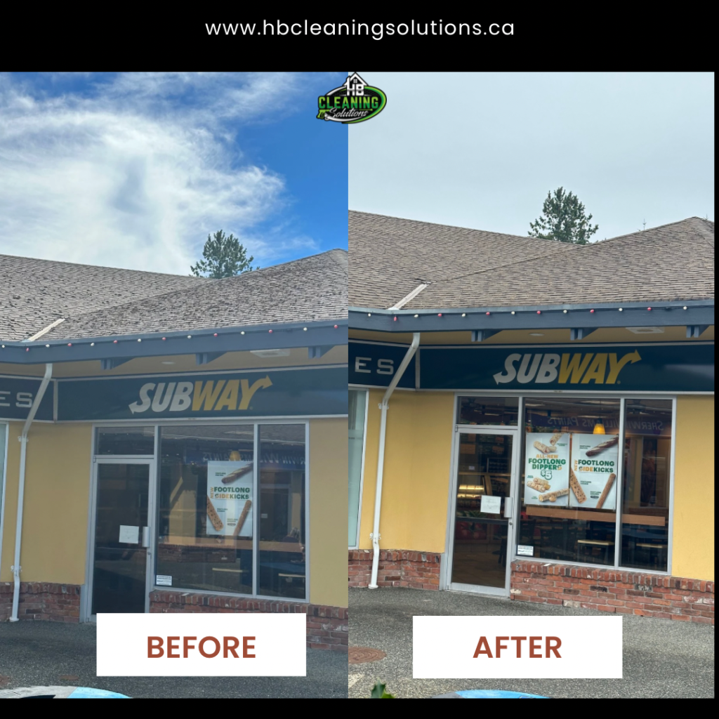 Before and after shots of the cleaned and de mossed roof and front windows of a business