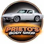 Logo for Prieto's Body Shop with a silver classic car on a black circular background