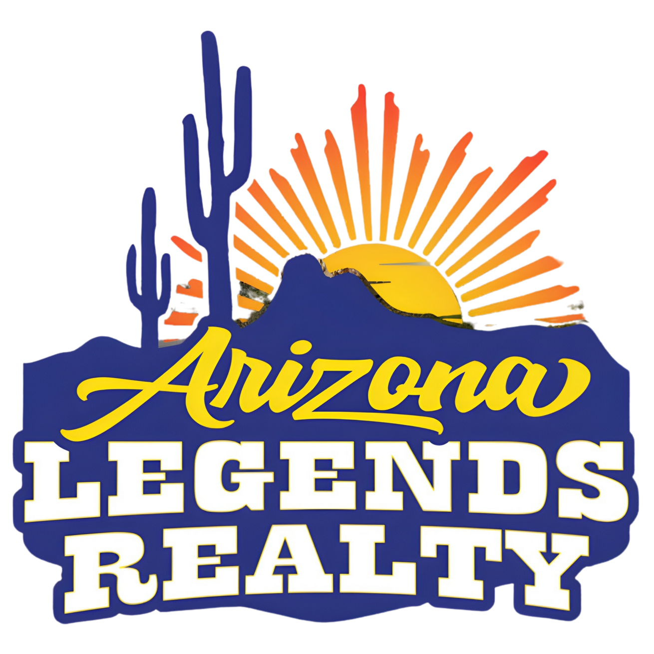 Arizona Legends Realty logo: desert landscape, sunrise, saguaro cacti, and text in blue and yellow.