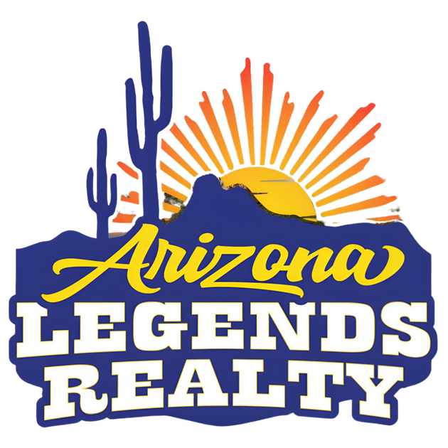 Arizona Legends Realty logo: desert landscape with a rising sun and cacti. Text overlay in blue and gold.
