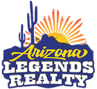 Arizona Legends Realty logo: desert landscape with a rising sun and cacti. Text overlay in blue and gold.