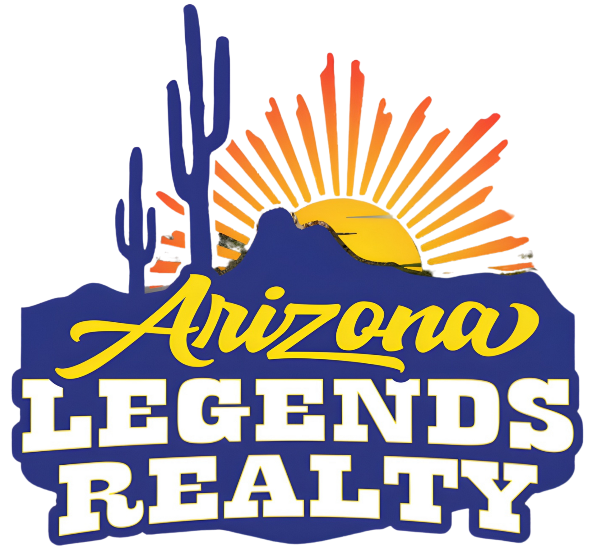 Arizona Legends Realty logo: desert landscape with a rising sun and cacti. Text overlay in blue and gold.