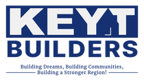 The keyt builders logo is blue and white and says building dreams , building communities , building a stronger region.