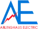 The logo for arlinghaus electric is blue and red with a lightning bolt.