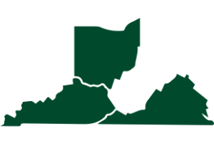 A green map of Ohio, Virginia and Kentucky on a white background.