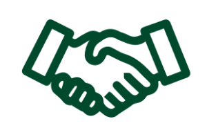 A green icon of two hands shaking each other on a white background.