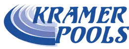 A blue and white logo for kramer pools