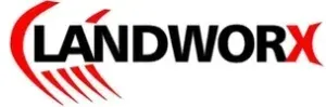 A red and black logo for landworkx on a white background