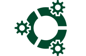 A green circle with three gears around it on a white background